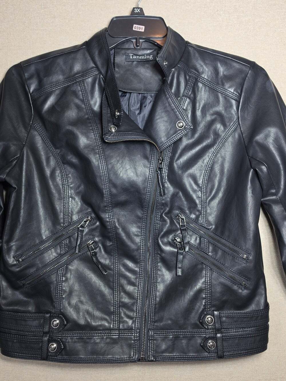 Tanming Black Faux Leather Moto Jacket Womens L